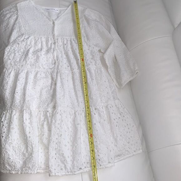 Zara Cotton Sewing V- Neck Buttons Front Tiered Mini Dress Size 9 - Picture 6 of 11